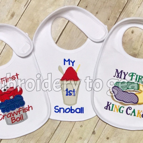 New Orleans Baby Bib Gift Set, My First Snoball Bib, My First King Cake Bib, My First Crawfish Boil Bib, New Orleans Baby Shower Theme Gift