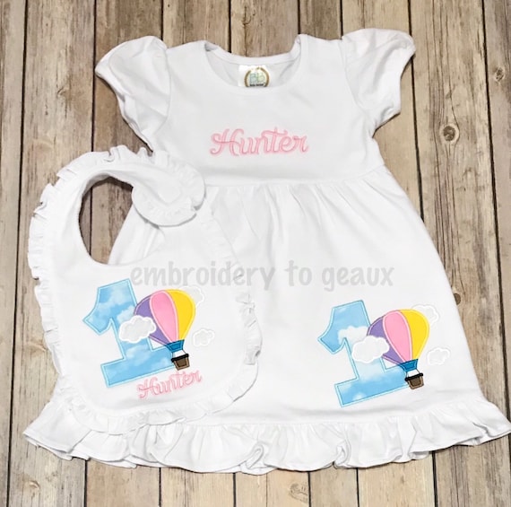 Hot Air Balloon First Birthday Dress and Bib Set Baby Girl First