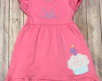Personalized Girl's Cupcake Ruffle Dress, Girls Birthday Dress, Fourth Birthday Outfit, Girls Birthday Shirt, Toddler Girls Birthday Outfit
