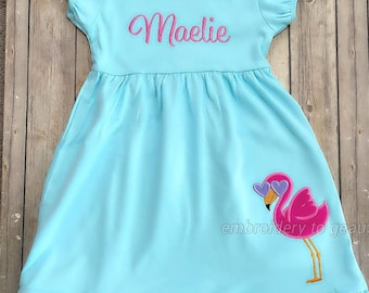 Personalized Flamingo Dress, Girls Flamingo Dress, Girls Summer Dress, Personalized Summer Dress, Toddler Girls Dress