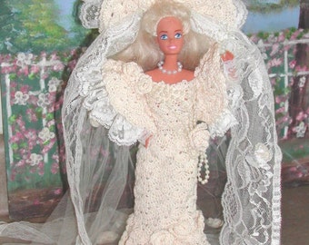 Crochet Fashion Doll Barbie Pattern- #11 TURN of the CENTURY BRIDE