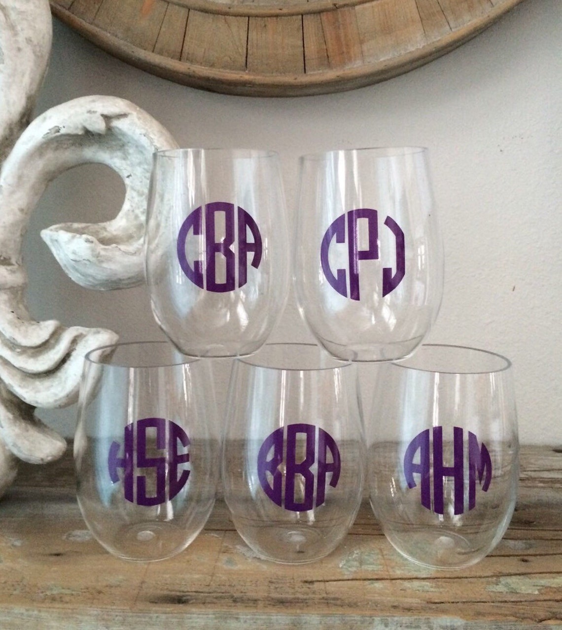 Set of 6 Monogrammed Stemless Acrylic 12oz. Wine Glasses Etsy