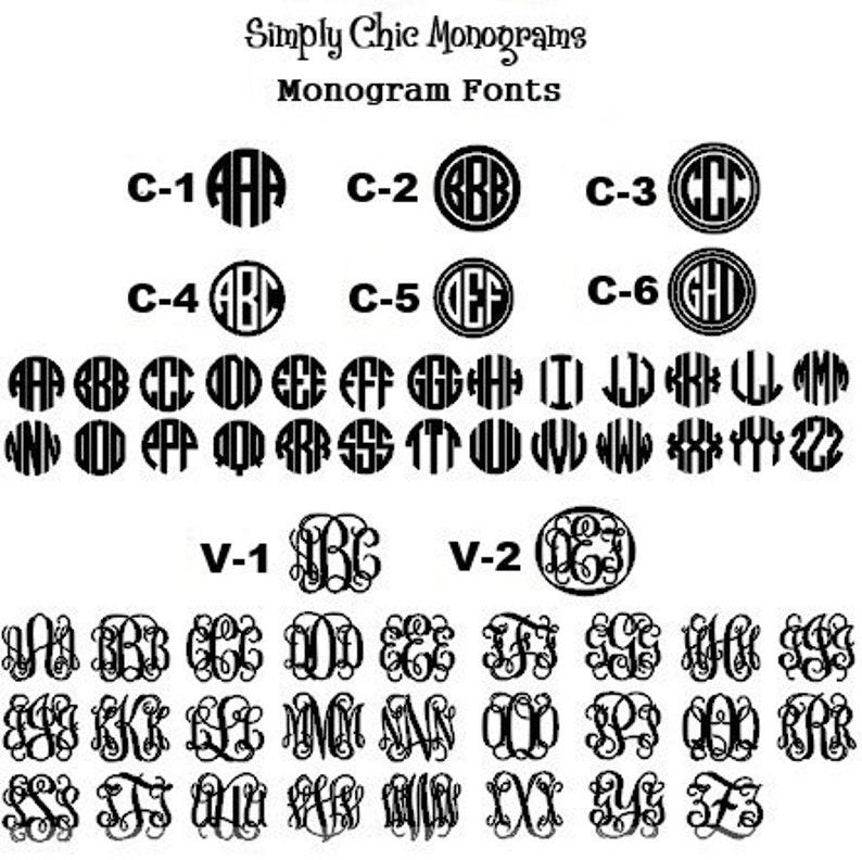 Puede incluir: Una imagen en blanco y negro que muestra diferentes estilos de fuente de monograma. La imagen est&aacute; etiquetada como "Simply Chic Monograms" y "Monogram Fonts". Las fuentes est&aacute;n etiquetadas con los n&uacute;meros C-1 a C-6 y V-1 y V-2. Las fuentes se muestran en un c&iacute;rculo con las letras A a Z.