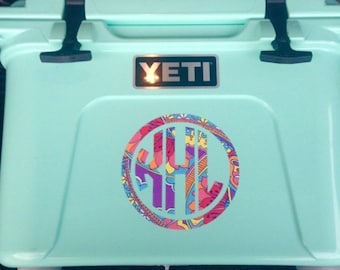 College Sorority Gift idea! Yeti Cooler Lilly Inspired Personalized Vinyl Circle Monogram Decal