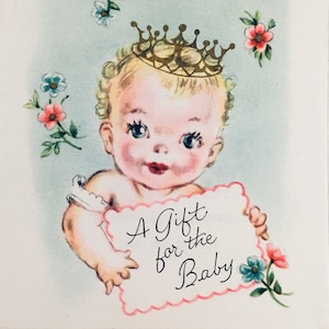 Um presente para o cartão do bebê | Vintage 1940s 1950s | NOS não utilizado | Bonitos parabéns para chá de bebê Kitsch Retro Recém-nascido Papelaria Efêmera
