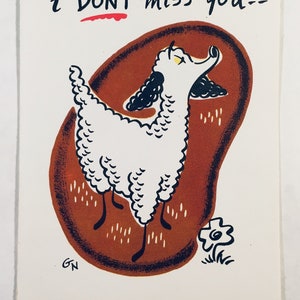 Vintage I Miss You Karte | Unbenust wie neu | Süßer Pudel Hund Frech Humor Novo Laugh Litho 1940er 1950er Retro Midcentury MCM