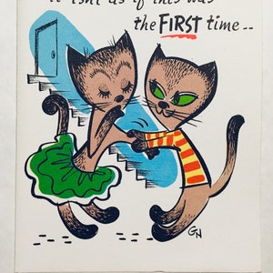 Cartão de Feliz Aniversário | Vintage anos 1940, 1950 | Nunca usado, como novo | Lindos gatinhos beatniks, engraçados, atrevidos, humor kitsch, retrô, único |