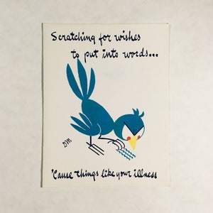 obtenha bem logo cartão comemorativo | Vintage NOS anos 1940 anos 1950 | Não utilizado | Design gráfico de pássaro colorido peculiar adorável e adorável ilustrado kitsch retrô MCM