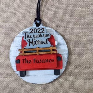 Red Truck Ornament, Personalize, 2022 The year we Married, Bridal Shower Gift Tag