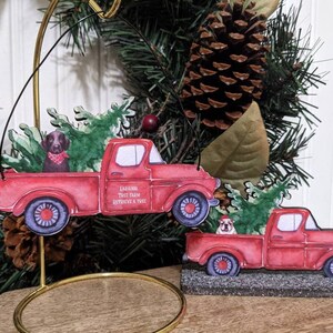Personalized Red Truck with Dog Christmas Ornament, Standing or Hanging Wooden Red Truck with Dog