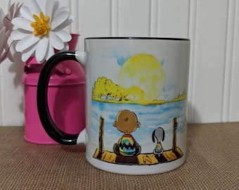 Friends, Friendship Mug, Charlie Brown and Snoopy sitting on a Dock