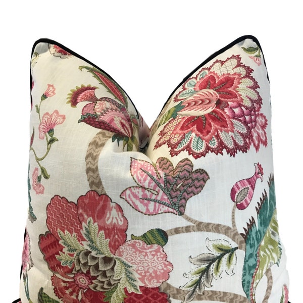 Red Floral Pillow Cover w/black piping  - P. Kaufmann Finders Keepers Red Raspberry  Kravet Dalea Pillow COVER ONLY