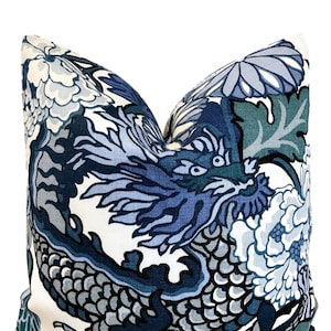 Chiang Mai China Blue Pillow Cover w/Ivory Linen Reverse - Blue Dragon Pillow - Chinoiserie Pillow - Schumacher Pillow COVER ONLY