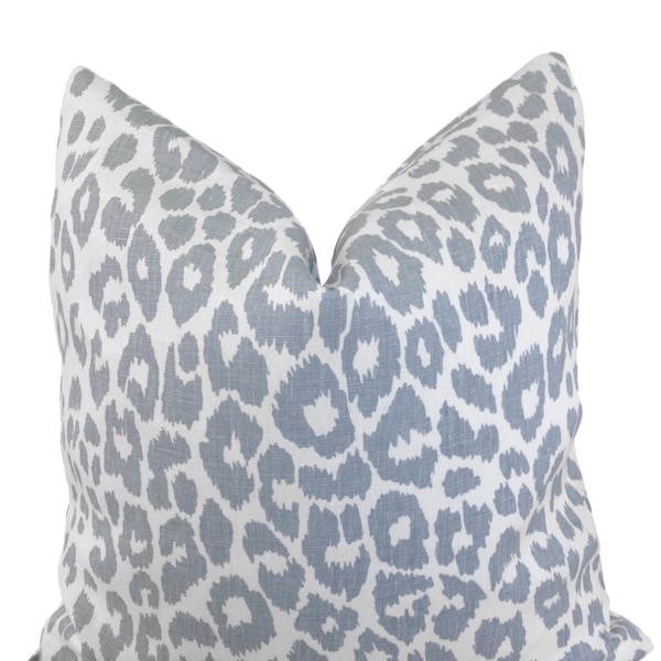 Iconic Leopard Pillow Cover - Schumacher Pillow - Blue Animal Pillow - Blue Leopard Pillow - w/Ivory Linen - Decorative Pillow - COVER ONLY