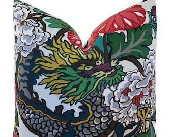Chiang Mai Alabaster Pillow COVER w/Ivory Linen Reverse - Dragon Pillow - Schumacher Pillow - Chinoiserie Pillow - Floral Pillow  COVER ONLY