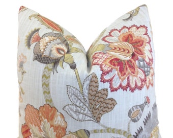 Orange Floral Pillow Cover - Finders Keepers Spice Pillow Cover -Kravet Dalea -Orange Red Green Euro Pillow or Lumbar Pillow - COVER ONLY