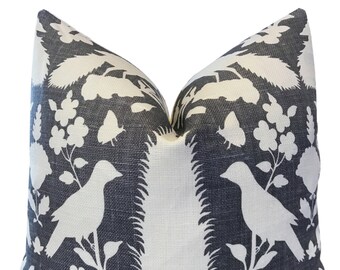 Chenonceau Charcoal  Pillow Cover w/ Ivory Linen Reverse - Bird Pillow Cover - Dark Grey Schumacher Pillow COVER ONLY