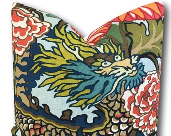 Chiang Mai China Aqua Pillow - Blue Dragon Pillow - Chinoiserie Pillow  - Schumacher Pillow w/Ivory Linen Reverse - Throw Pillow - One Cover