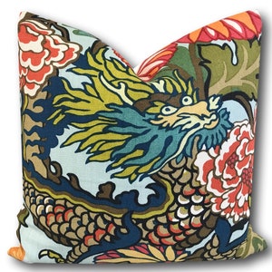Chiang Mai China Aqua Pillow - Blue Dragon Pillow - Chinoiserie Pillow  - Schumacher Pillow w/Ivory Linen Reverse - Throw Pillow - One Cover