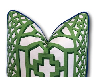 Schumacher Zanzibar Trellis Jade Pillow Cover w/ Bright Blue Piping -Green Trellis - Green Geometric - Decorative Pillow Cover - COVER ONLY