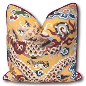 Brunschwig  & Fils Ming Saffron  Pillow Cover w/red piping - 18x18, 20x20, 22x22, 24x24 - Dragon Chinoiserie Pillow - COVER ONLY