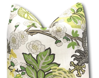 Chiang Mai Citrus Pillow Cover w/Ivory Linen Reverse - Grey Yellow Floral Pillow - Chinoiserie - Schumacher Pillow COVER ONLY