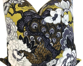 Shanghai Peacock Pillow Cover - Schumacher Pillow Cover - Bird Pillow Cover - Brown Yellow Floral Pillow Cover -  COVER ONLY