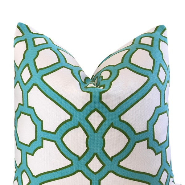 Geometric Pillow Cover - Blue Trellis Pillow - Teal  Pillow - Pavilion Fretwork Jade - Throw Pillow  - 20X20 18X18 - COVER ONLY
