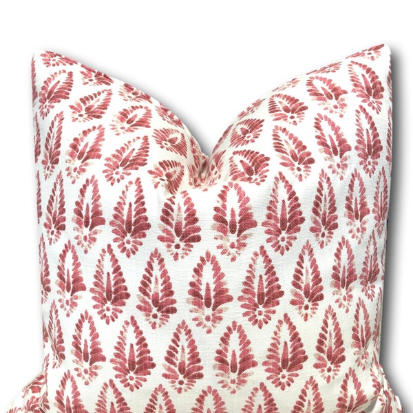 Lacefield Designs Linen Blend Agave Rosa Pillow Cover  - Red and White Block Print Pillow  - Red Basketweave Accent Pillow  COVER ONLY