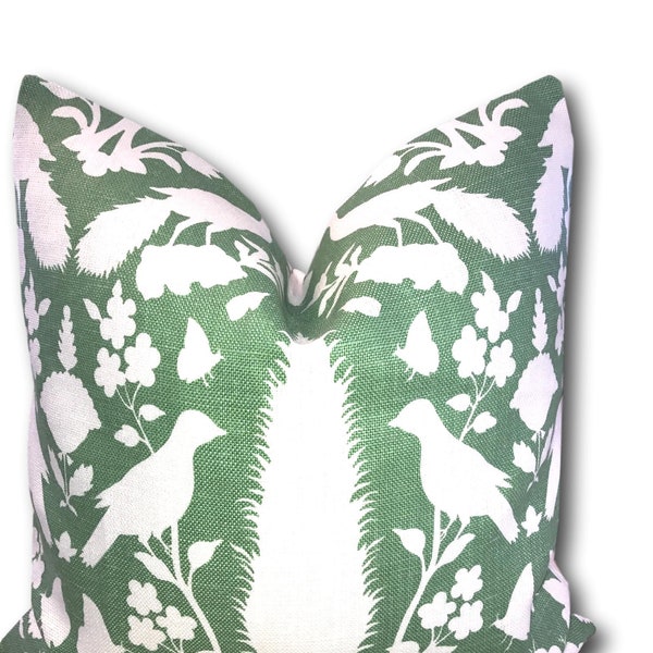 Chenonceau Aloe Pillow Cover  - Aloe Green w/Ivory linen back - Green Schumacher Pillow - Bird Pillow - Accent Pillow -   COVER ONLY