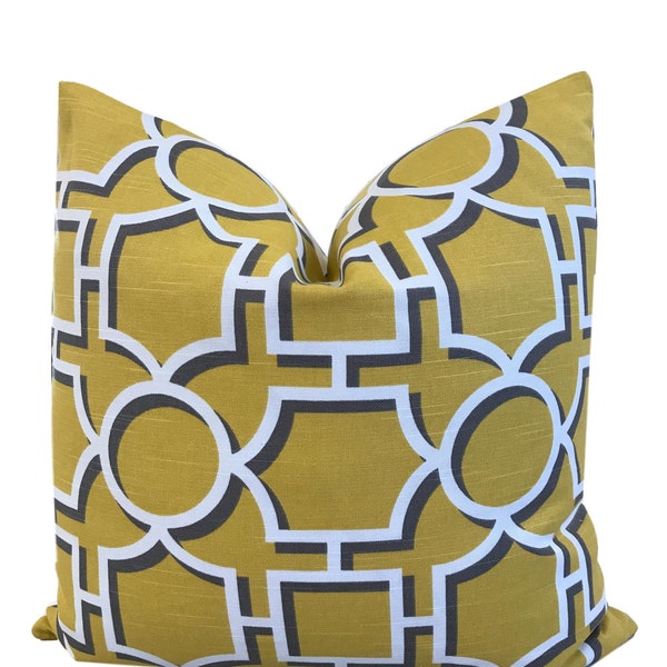 Yellow Geometric Pillow Cover /w solid linen reverse - Gray Yellow Trellis Pillow - Vreeland Dandelion Pillow - Lattice Pillow COVER ONLY