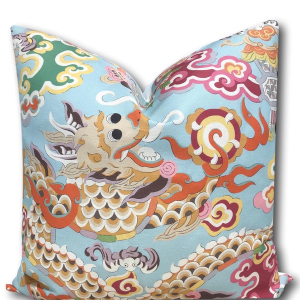 Brunschwig  & Fils Ming Dragon Aqua Pillow Cover - 20 X 20  - 22 X 22 - 24 X 24 Designer Pillow Chinoiserie Pillow Cover Only