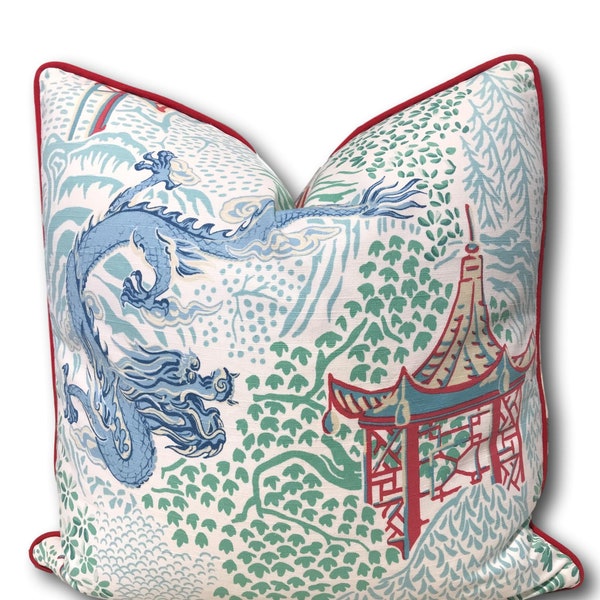 Pagoda Pillow Cover with red piping. - Nanjing  Pillow  - Vern Yip Oxnard Aqua Garden - Dragon Pillow - Modern Asian Pillow - COVER ONLY