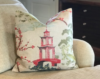 Pagoda Pillow Cover - Nanjing  Pillow - Chinoiserie Pillow - Zen Asian Pillow - Toile Pillow - Modern Asian Pillow  -  ONE PILLOW COVER