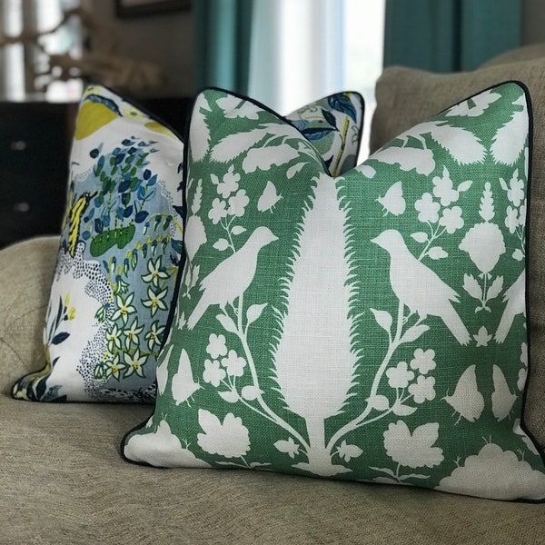 Chenonceau Aloe Pillow Cover  w/Ivory linen back and Navy Piping - Green Schumacher Pillow - Bird Pillow- Green Pillow -  COVER ONLY