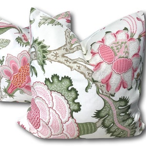 Schumacher Arborvitae Pink and Leaf  Pillow Cover - Green and  Pink Floral Pillow Cover 18x18 - 20x20 - 22x22 - Schumacher Pillow COVER ONLY