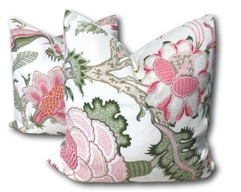 Schumacher Arborvitae Pink and Leaf  Pillow Cover - Green and  Pink Floral Pillow Cover 18x18 - 20x20 - 22x22 - Schumacher Pillow COVER ONLY