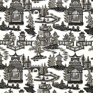 May include: Black and white repeating pattern of a Chinese garden scene with pagodas, bridges, and trees. The design is reminiscent of traditional blue and white china.