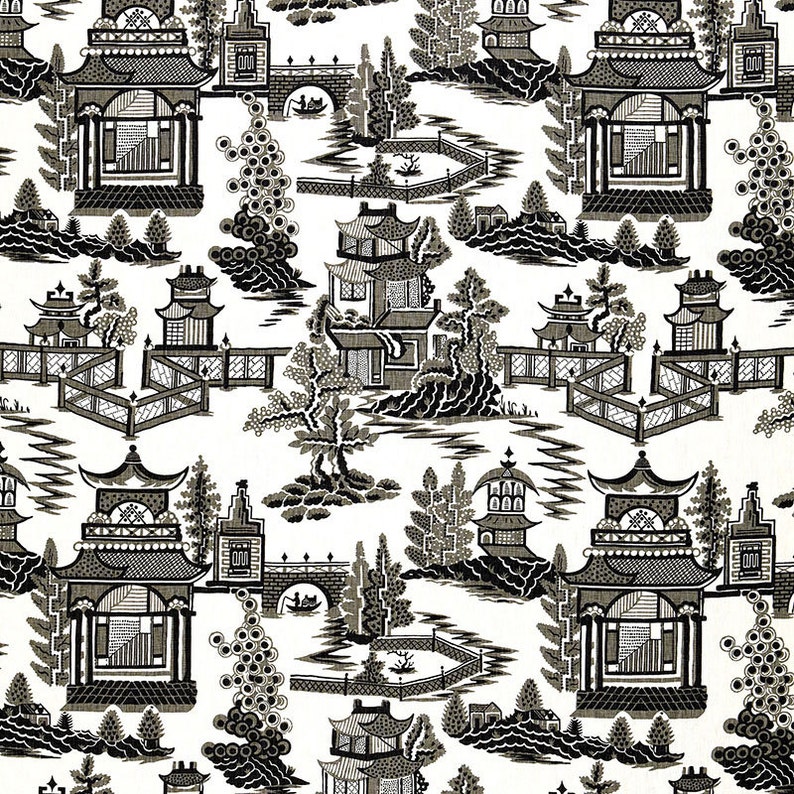 May include: Black and white repeating pattern of a Chinese garden scene with pagodas, bridges, and trees. The design is reminiscent of traditional blue and white china.