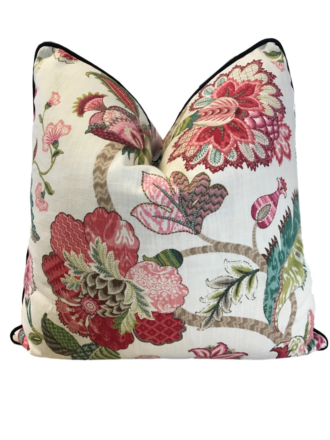 Red Floral Pillow Cover W/black Piping P. Kaufmann Finders Etsy