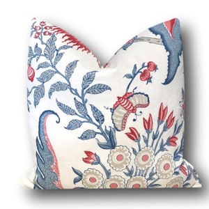 Arborvitae Rose and Delft Pillow Cover w/solid linen reverse Blue Pink Floral Pillow Schumacher Pillow 18x18 20x20 22x22 COVER ONLY image 4