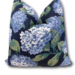 Navy Hydrangea Pillow Cover – Blue Floral Throw Pillow – Grandmillennial Decor – Chinoiserie Garden Style – Cottagecore Cushion COVER ONLY