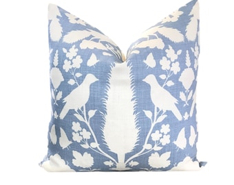 Chenonceau Sky Pillow  w/ Ivory Linen Reverse - 18 X 18 Pillow - 20 X 20 Pillow - Euro Sham - Schumacher Pillow - Bird Pillow - COVER ONLY