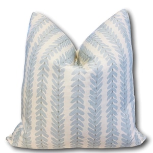 Schumacher Woodperry  Blue  Stripe Pillow Cover Abstract Blue Stripe Pillow Cover w/ Ivory Solid Reverse - Blue Pastel Pillow COVER ONLY