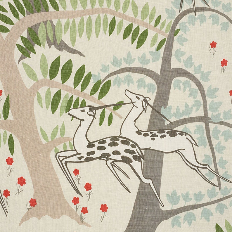 May include: A stylized illustration of two deer running through a forest. The deer are black and white with spots. The forest is depicted with green and brown trees and red flowers.