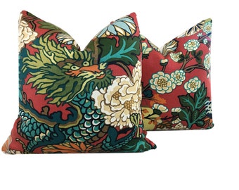 Chiang Mai Lacquer Pillow Covers w/Ivory linen reverse - Red Chinoiserie Pillow -  Red Schumacher Pillow - Dragon Pillow - TWO COVERS ONLY