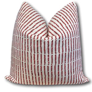 Schumacher Tic for Tac Red Stripe Pillow Cover w/ Ivory Linen on Reverse - Schumacher Pillow - Geometric Pillow COVER ONLY
