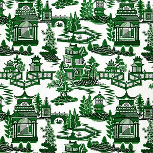 May include: A repeating pattern of green and white Chinese-inspired imagery. The pattern features pagodas, bridges, trees, and water. The background is white.