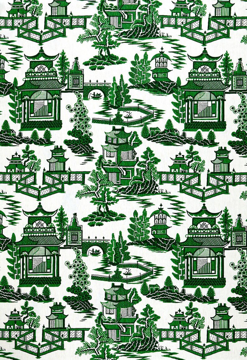 May include: A repeating pattern of green and white Chinese-inspired imagery. The pattern features pagodas, bridges, trees, and water. The background is white.