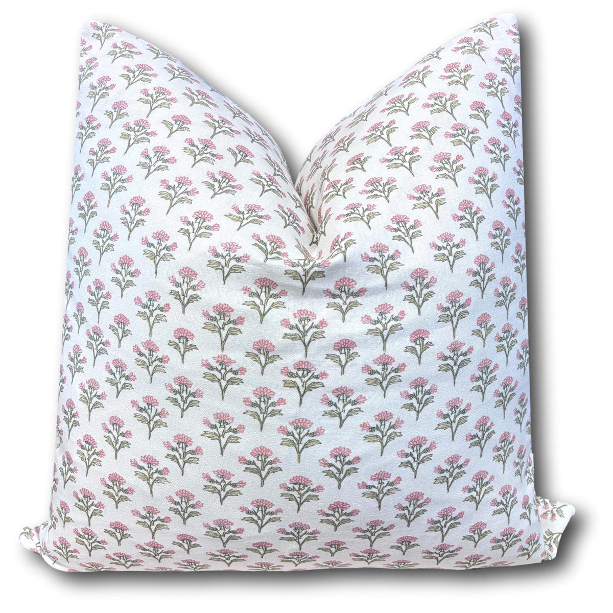 Tiny Pink Floral Pillow Cover Custom Made Pillow in Whitney English Block Print Sprig Olive and Watermelon Soft Pink Pillow COVER ONLY